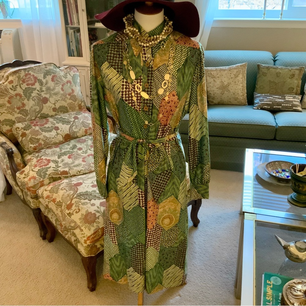 Vintage Button Down Tie Waist Belted Patchwork Silky Dress L